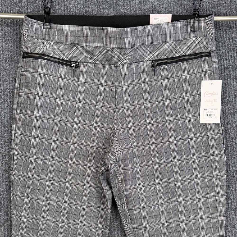 Candies Plaid Slim Ankle Pull-On Slacks with Zip Design - Grey Plaid - Large - Picture 4 of 16